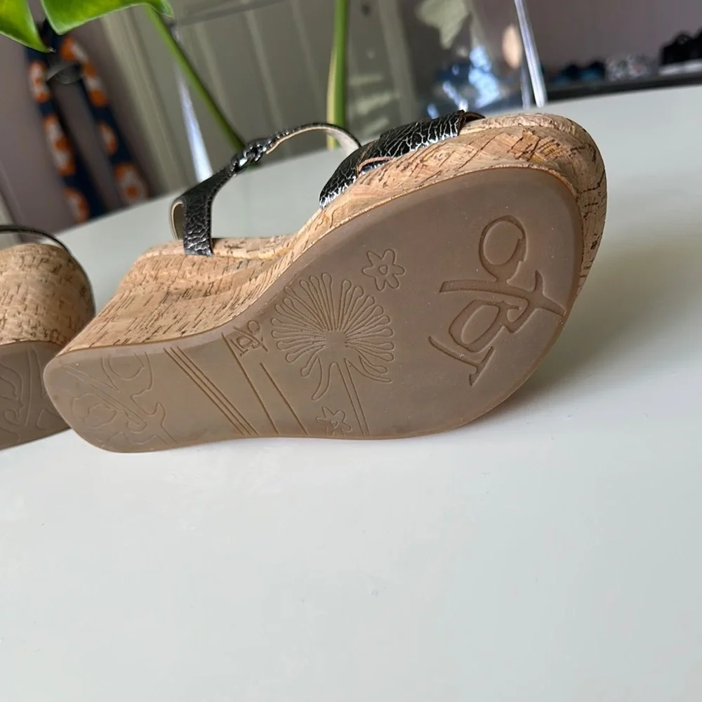 OTBT Charleston - Silver, Black and Tan Wedge Sandals with Cork Heel